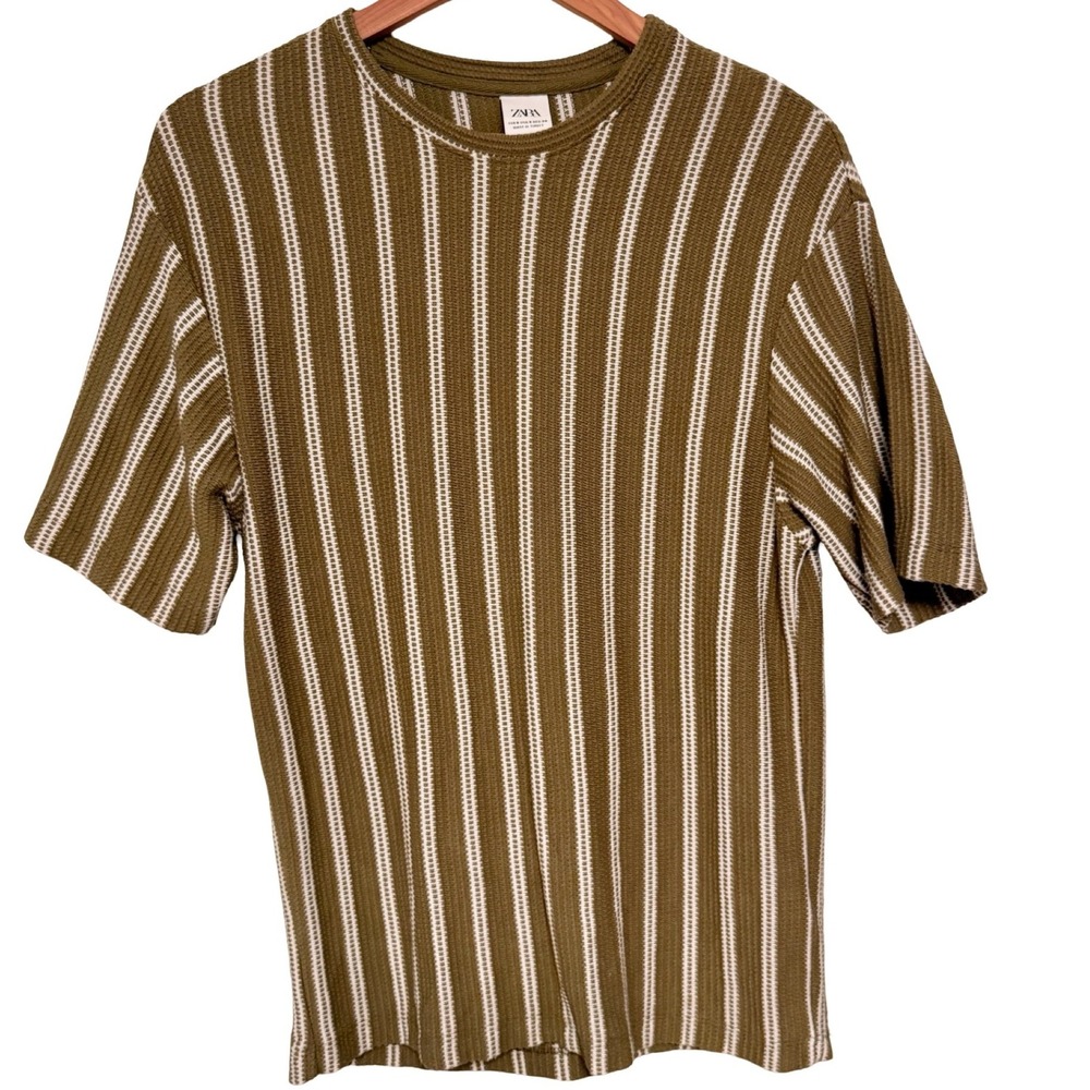 Zara Striped Knit Short Sleeve Size S Olive Green Cotton Blend Waffle Textured